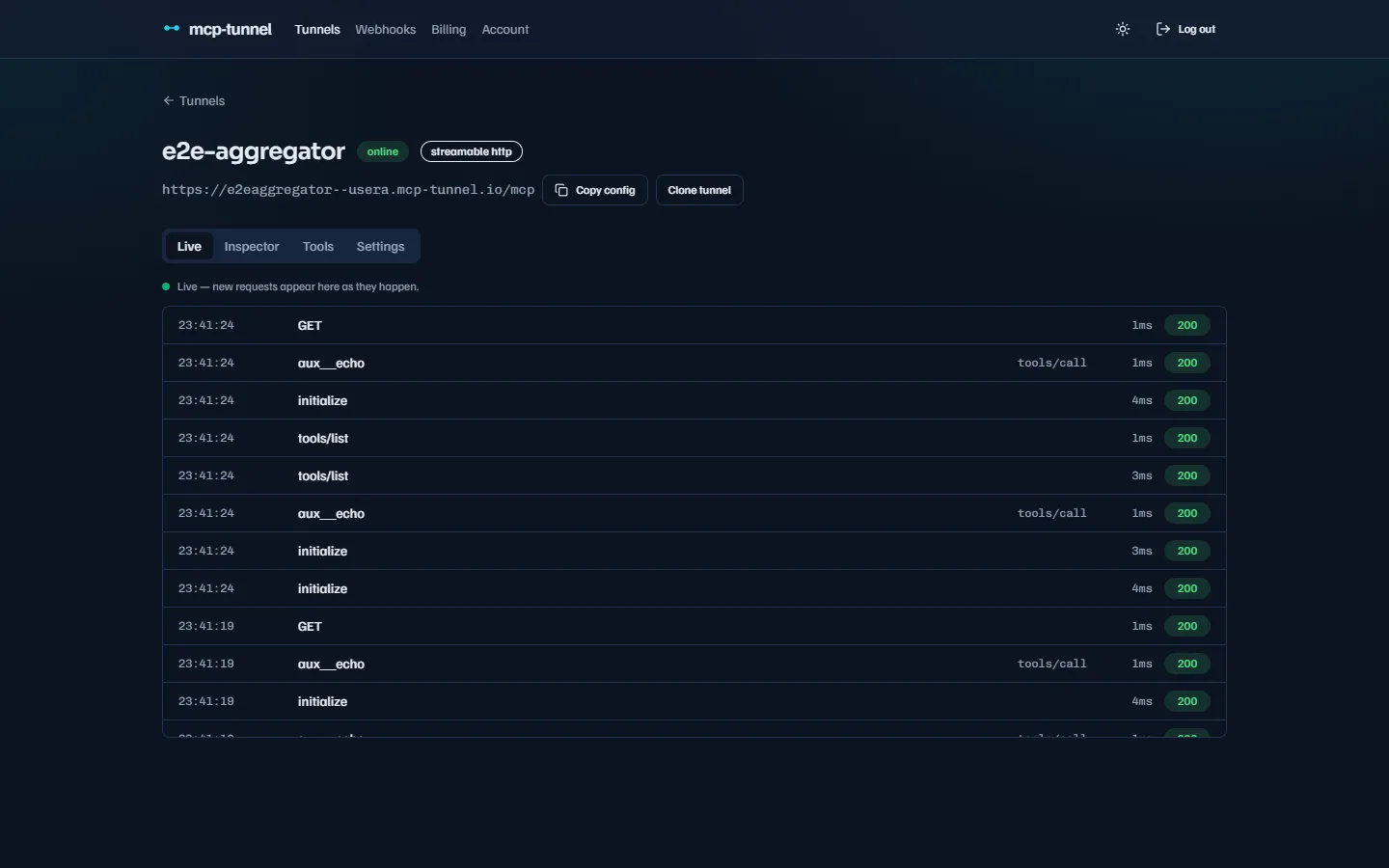 Inspector showing aggregated tool calls with their upstream__tool prefixes.