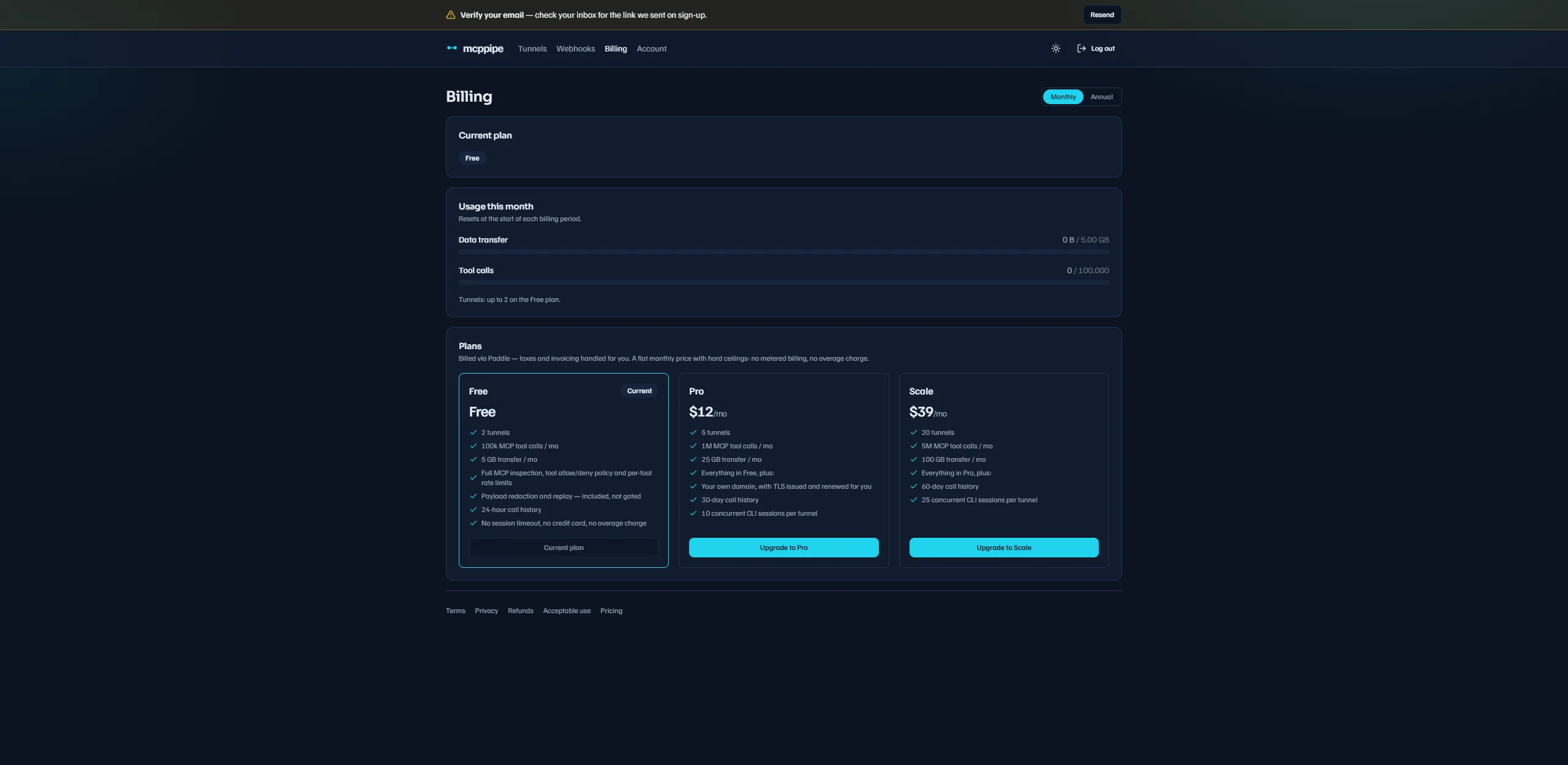 Billing page usage meters for data transfer and tool calls plus subscription status