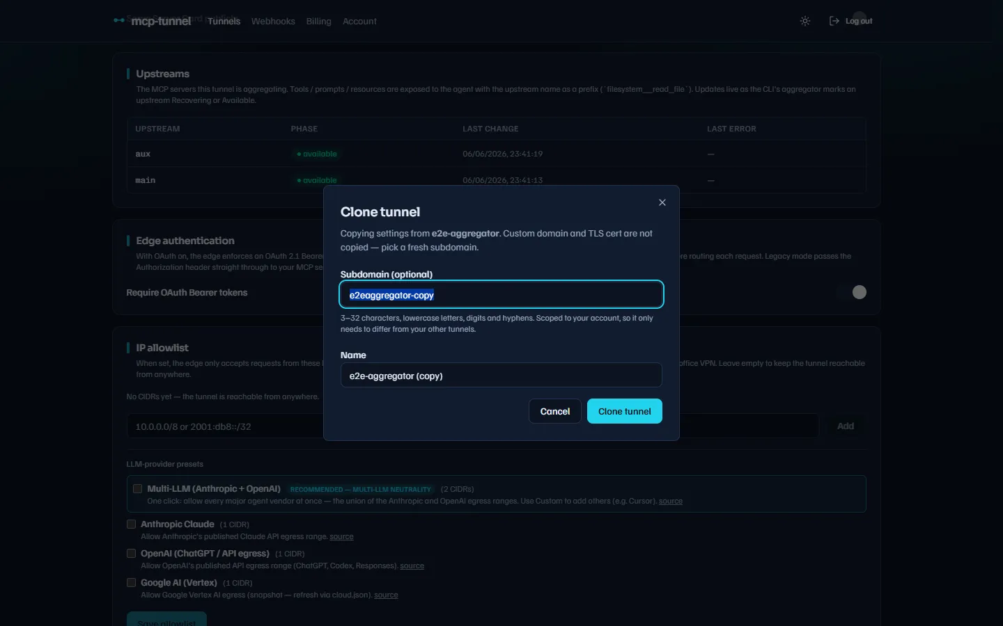 The clone tunnel dialog pre-filled from a source tunnel