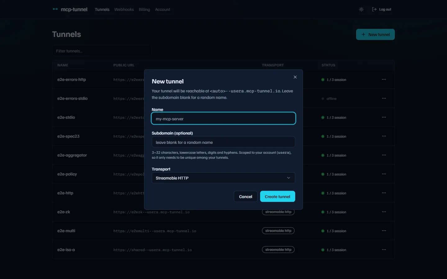 The New tunnel dialog with a subdomain field and host preview