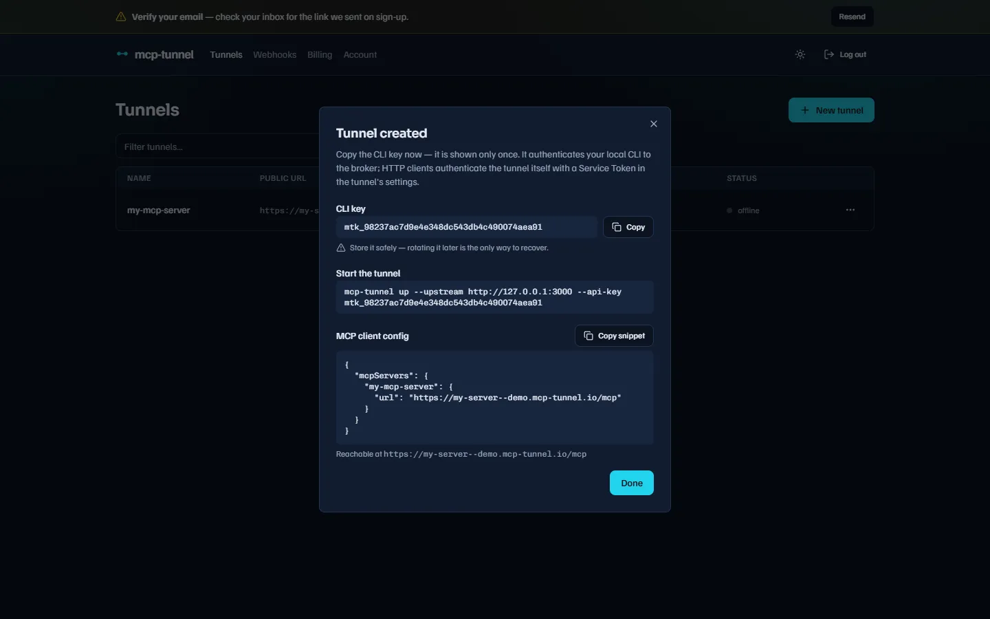 The success state showing the one-time mtk_ key and a copy button