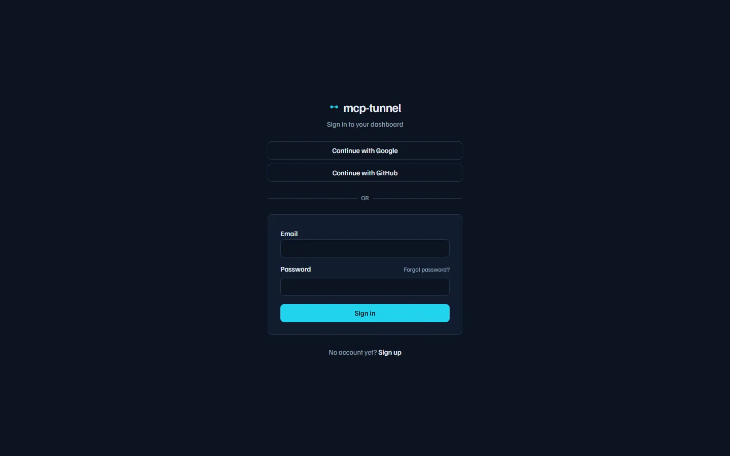 mcppipe sign-in screen with email/password fields and Continue with Google / GitHub buttons