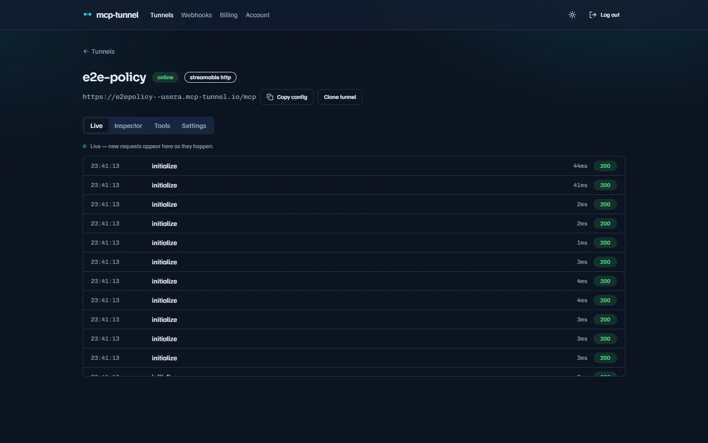 The tunnel detail header with status badge, public URL, and the four tabs