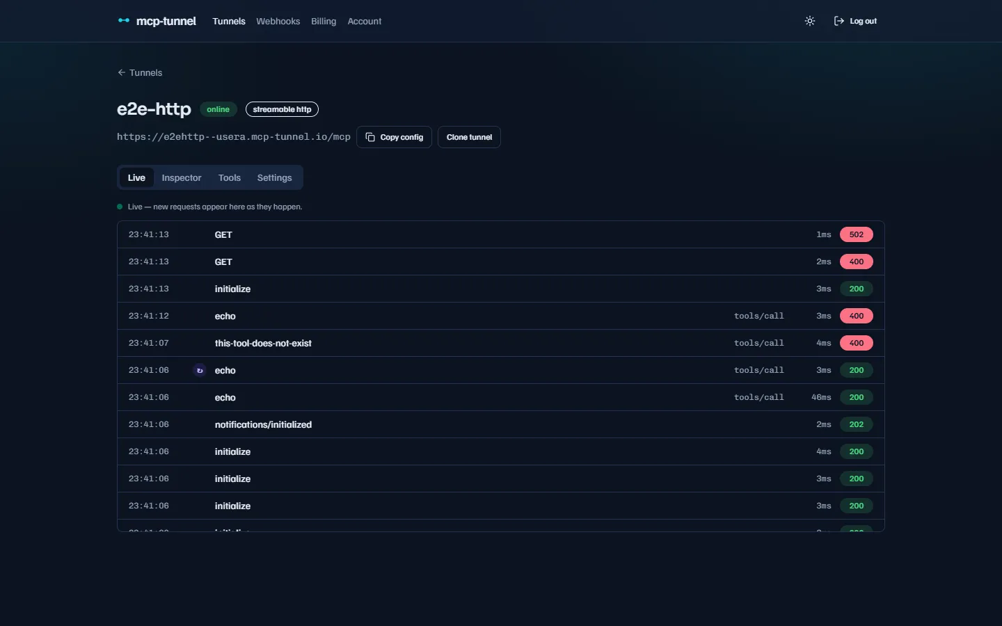 The Live tab streaming JSON-RPC calls in real time