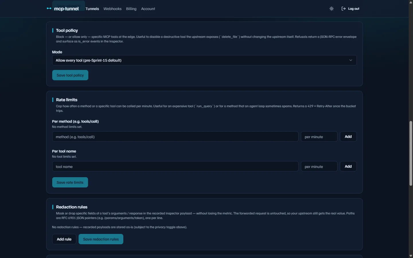 Tool policy editor in tunnel settings