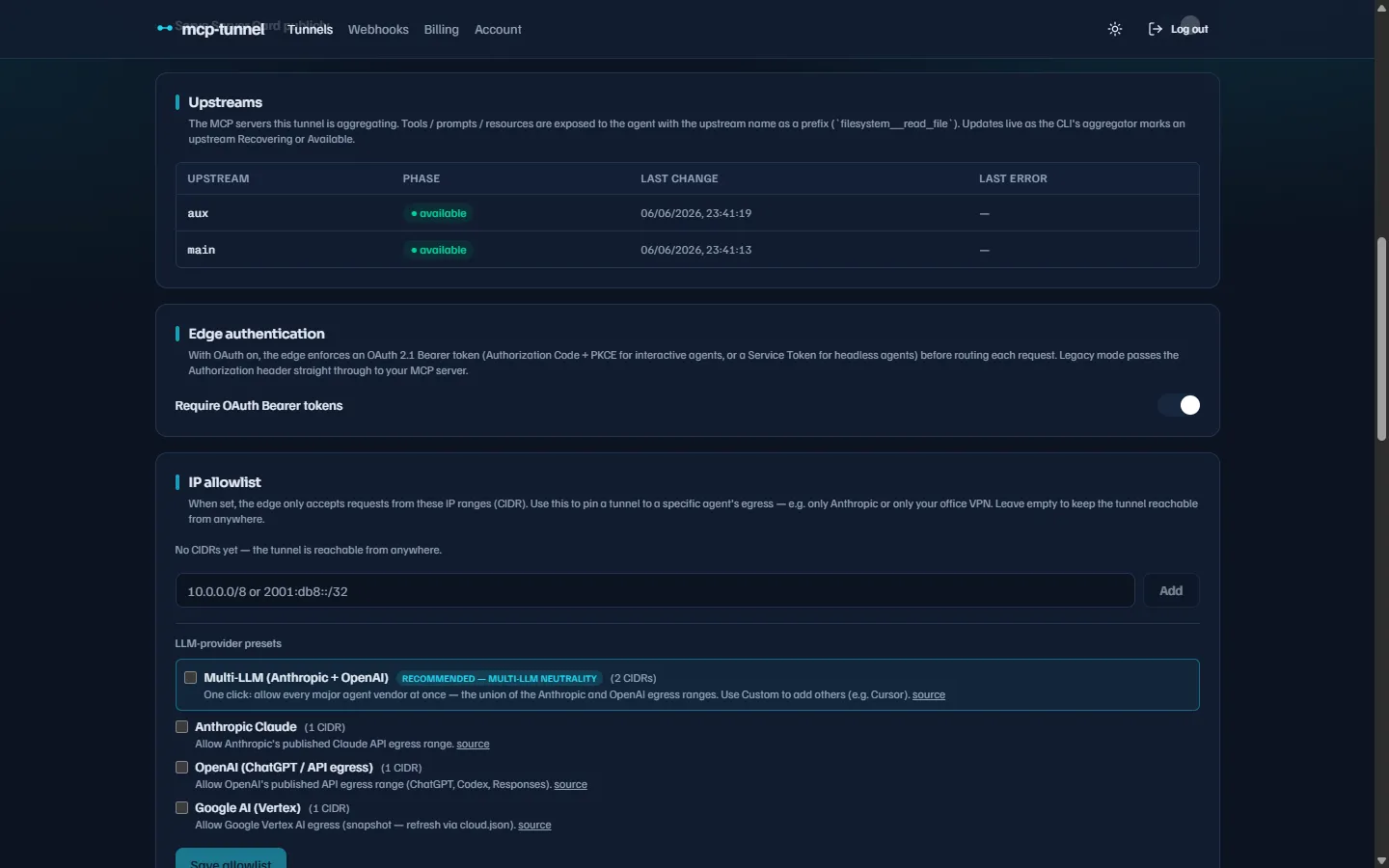 Dashboard Upstreams section listing each aggregated MCP server with its current phase.