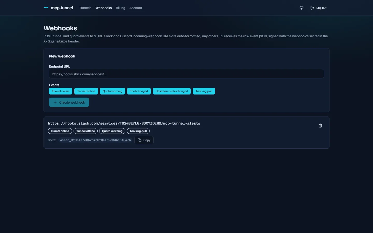 Registered webhooks with their events and signing secret